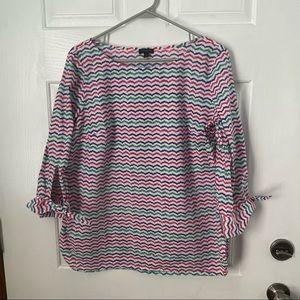 Talbots colorful zigzag cotton blouse with sleeve tie detail